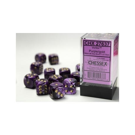 Chessex 16mm d6 with pips Dice Blocks (12 Dice) - Vortex Purple w/gold