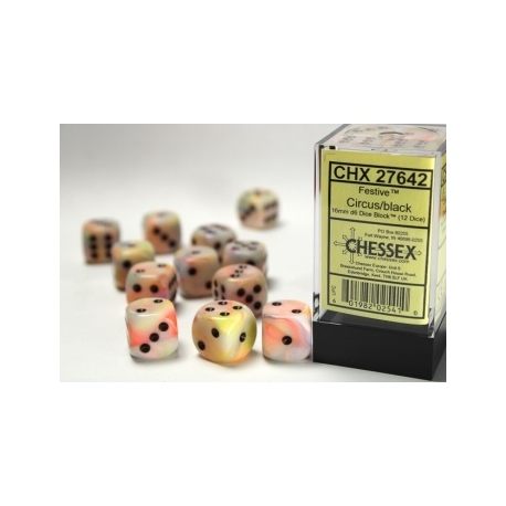 Chessex 16mm d6 with pips Dice Blocks (12 Dice) - Festive Circus w/black