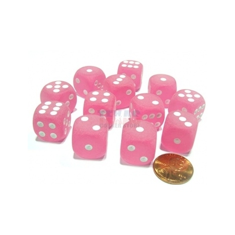 Chessex 16mm d6 with pips Dice Blocks (12 Dice) - Frosted Polyheral Pink w/white
