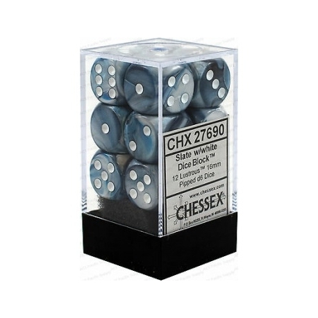 Chessex 16mm d6 with pips Dice Blocks (12 Dice) - Lustrous Slate w/white