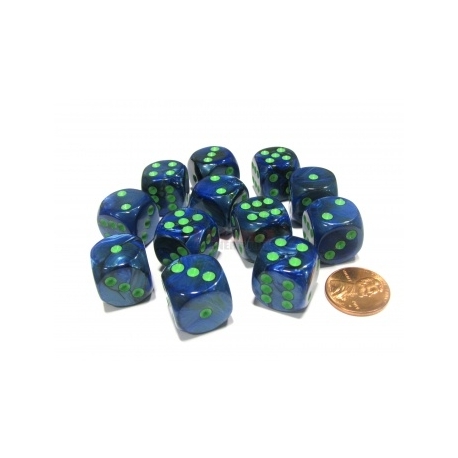 Chessex 16mm d6 with pips Dice Blocks (12 Dice) - Lustrous Dark Blue w/green