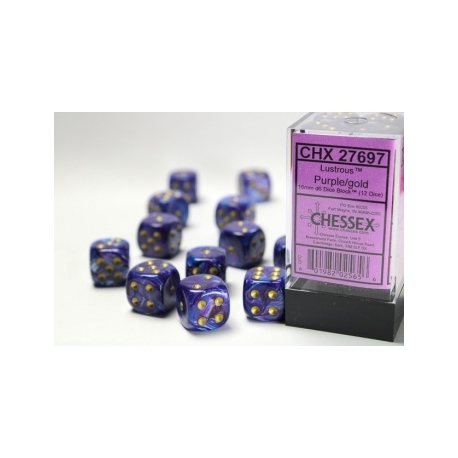 Chessex 16mm d6 with pips Dice Blocks (12 Dice) - Lustrous Purple w/gold