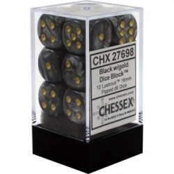 Chessex 16mm d6 with pips Dice Blocks (12 Dice) - Lustrous Black w/gold