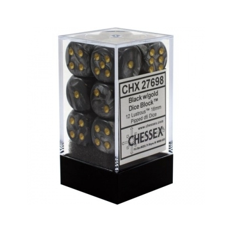 Chessex 16mm d6 with pips Dice Blocks (12 Dice) - Lustrous Black w/gold
