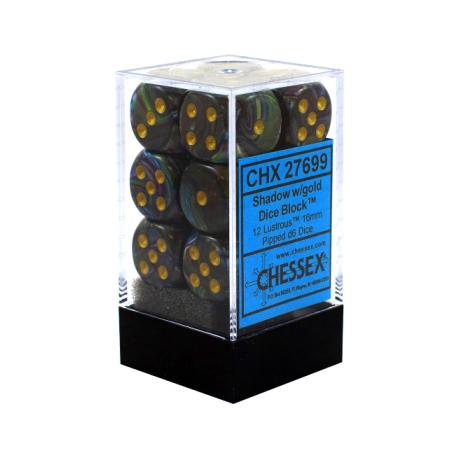 Chessex 16mm d6 with pips Dice Blocks (12 Dice) - Lustrous Shadow w/gold