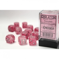 Chessex 16mm d6 with pips Dice Blocks (12 Dice) - Ghostly Glow Pink/silver