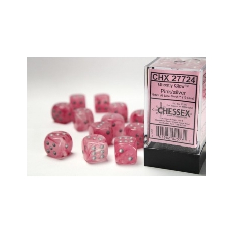 Chessex 16mm d6 with pips Dice Blocks (12 Dice) - Ghostly Glow Pink/silver