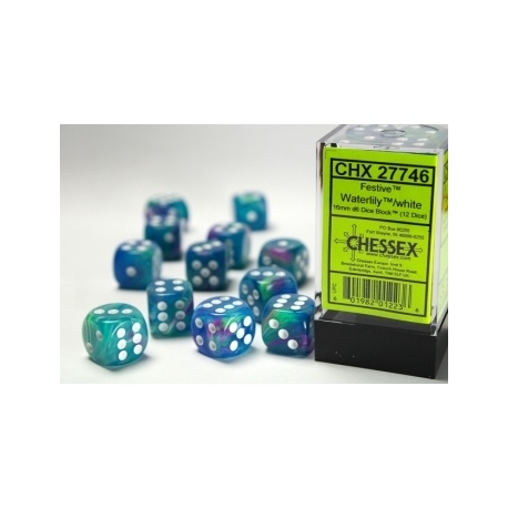 Chessex 16mm d6 with pips Dice Blocks (12 Dice) - Festive Waterlily/white