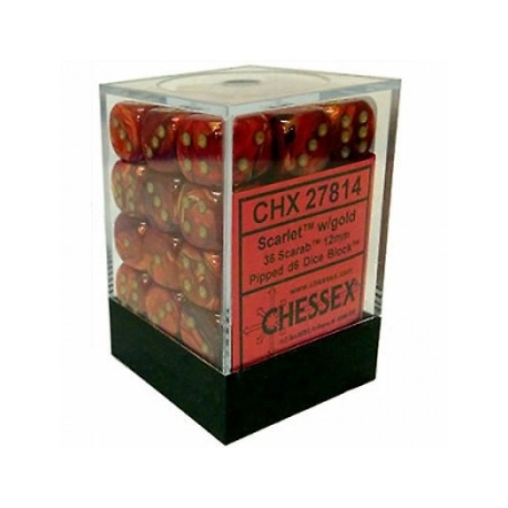 Chessex Signature 12mm d6 with pips Dice Blocks (36 Dice) - Scarab Scarlet w/gold