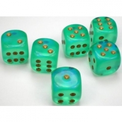 Chessex Borealis 16mm d6 Light Green/gold Luminary Dice Block (12 dice)