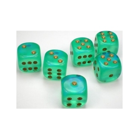 Chessex Borealis 16mm d6 Light Green/gold Luminary Dice Block (12 dice)