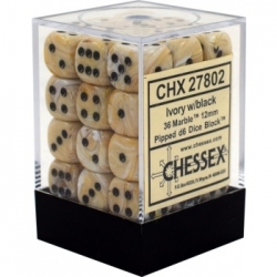 Chessex Signature 12mm d6 with pips Dice Blocks (36 Dice) - Marble Ivory w/black