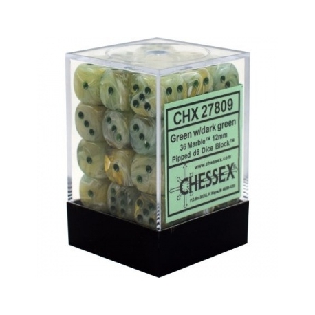 Chessex Signature 12mm d6 with pips Dice Blocks (36 Dice) - Marble Green w/dark green