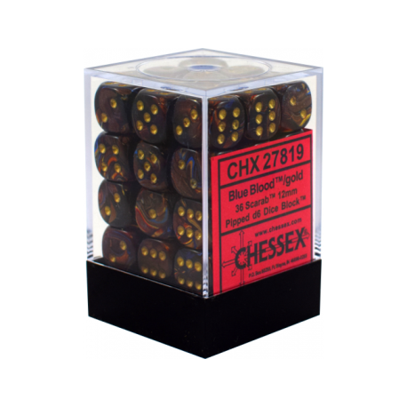 Chessex Signature 12mm d6 with pips Dice Blocks (36 Dice) - Scarab Blue Blood w/gold