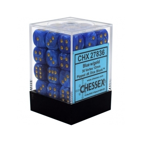 Chessex Signature 12mm d6 with pips Dice Blocks (36 Dice) - Vortex Blue w/gold