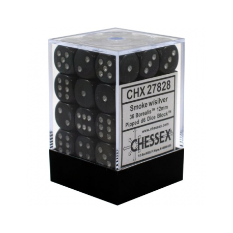 Chessex Signature 12mm d6 with pips Dice Blocks (36 Dice) - Borealis Smoke w/silver
