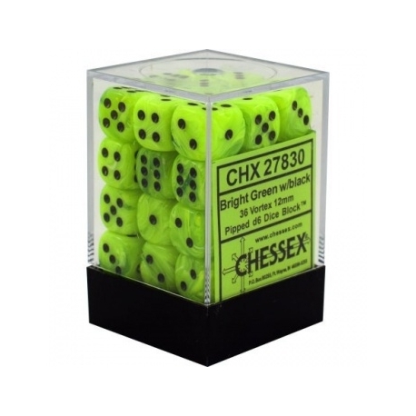 Chessex Signature 12mm d6 with pips Dice Blocks (36 Dice) - Vortex Bright Green w/black