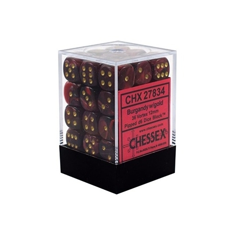 Chessex Signature 12mm d6 with pips Dice Blocks (36 Dice) - Vortex Burgundy w/gold