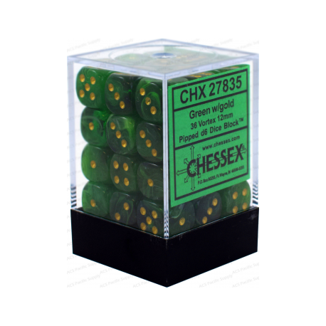 Chessex Signature 12mm d6 with pips Dice Blocks (36 Dice) - Vortex Green w/gold