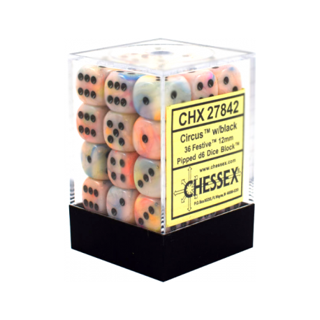 Chessex Signature 12mm d6 with pips Dice Blocks (36 Dice) - Festive Circus w/black