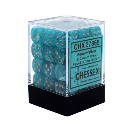 Chessex Signature 12mm d6 with pips Dice Blocks (36 Dice) - Cirrus Aqua w/silver