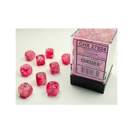 Chessex Signature 12mm d6 with pips Dice Blocks (36 Dice) - Ghostly Glow Pink/silver