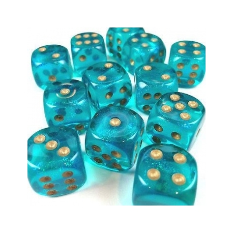 Chessex Borealis 16mm d6 Teal/gold Luminary Dice Block (12 dice)