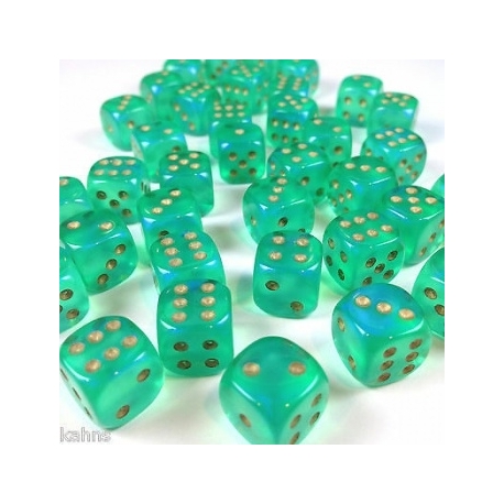 Chessex Borealis 12mm d6 Light Green/gold Luminary Dice Block (36 dice)