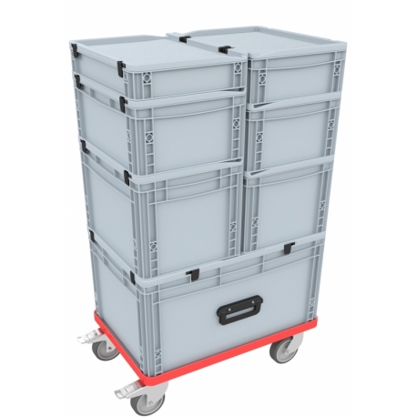 Compact trolley with rubber wheels red and wheel stop for Euro Container up to 600 mm x 400 mm