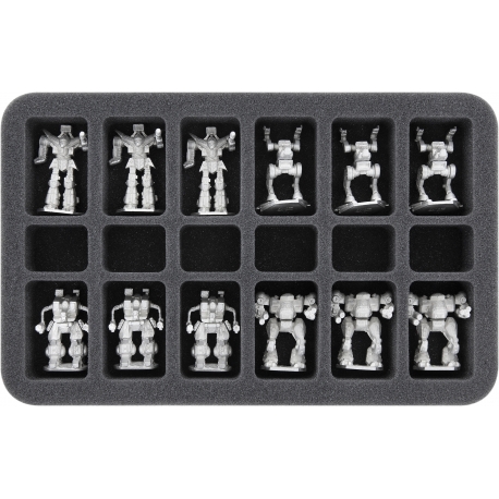 HS035BT02 35 mm half-size foam tray with 18 slots for 12 BattleTech Mechs and accessories