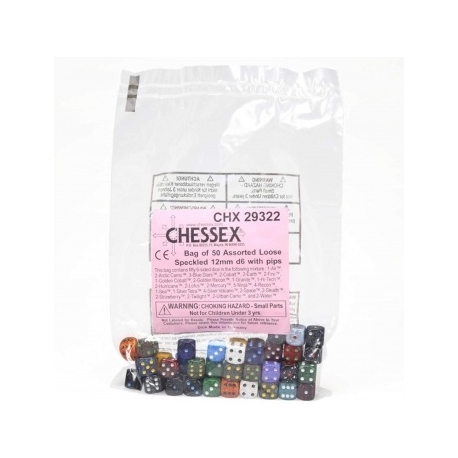 Chessex Speckled Bags of 50 Asst. Dice - Loose Speck. 12mm d6 w/pips Dice