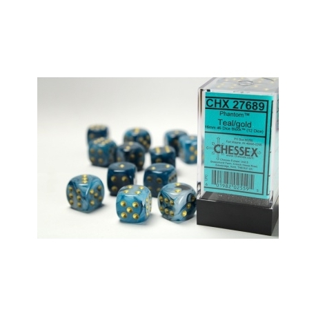 Chessex 16mm d6 with pips Dice Blocks (12 Dice) - Phantom Teal w/gold