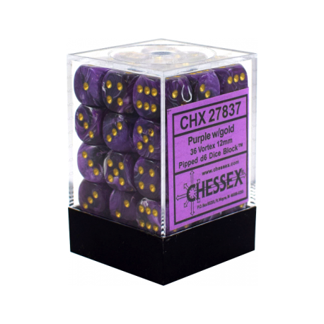 Chessex Signature 12mm d6 with pips Dice Blocks (36 Dice) - Vortex Purple w/gold