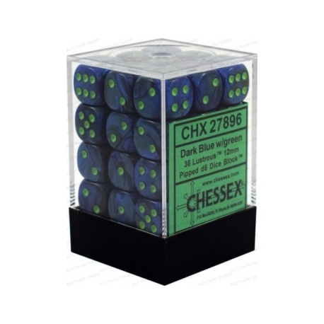 Chessex Signature 12mm d6 with pips Dice Blocks (36 Dice) - Lustrous Dark Blue w/green