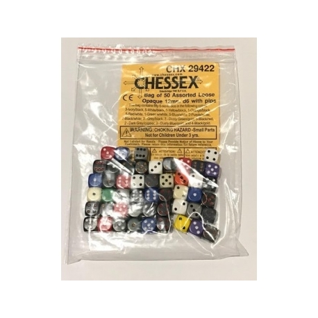 Chessex Opaque Bags of 50 Asst. Dice - Loose Opaque 12mm d6 w/pips Dice