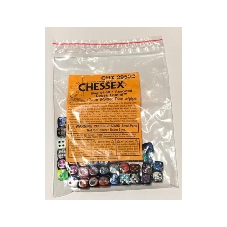 Chessex Gemini Bags of 50 Asst. Dice - Loose Gemini 12mm d6 w/pips Dice