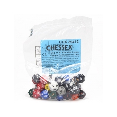 Chessex Opaque Bags of 50 Asst. Dice - Loose Opaque Polyhedral d12 Dice